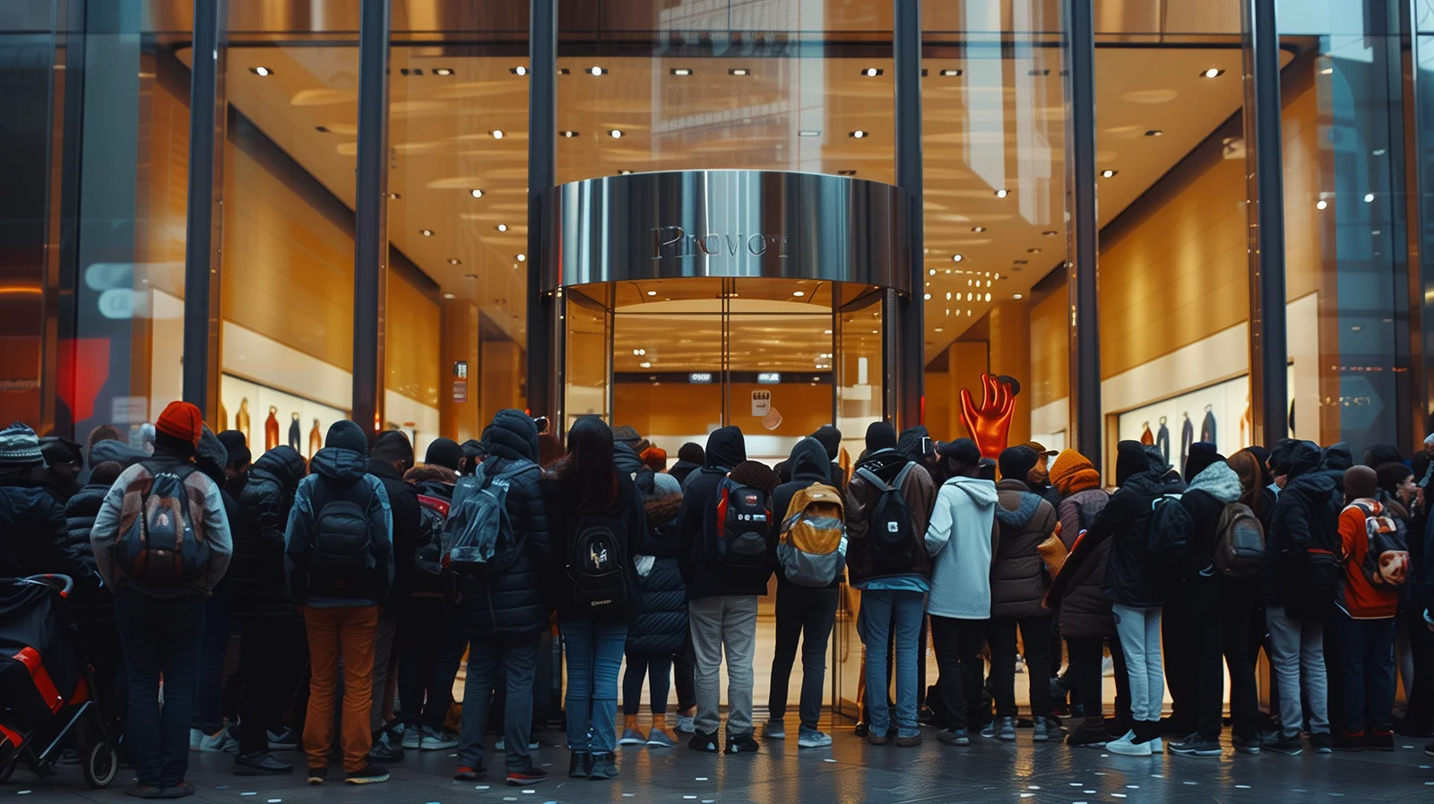 crowd waiting outside a shop