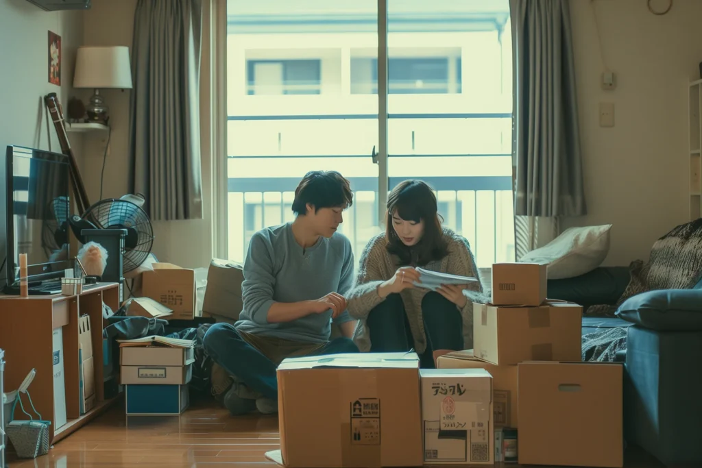 couple sitting on the floor with boxes around