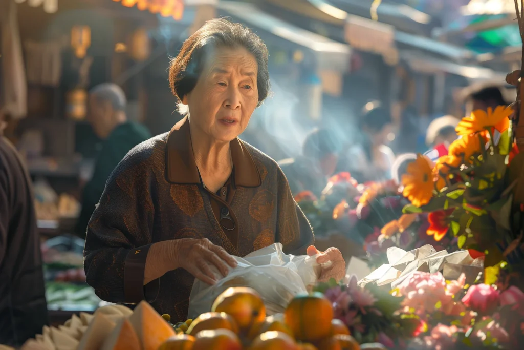 old woman in a flower market