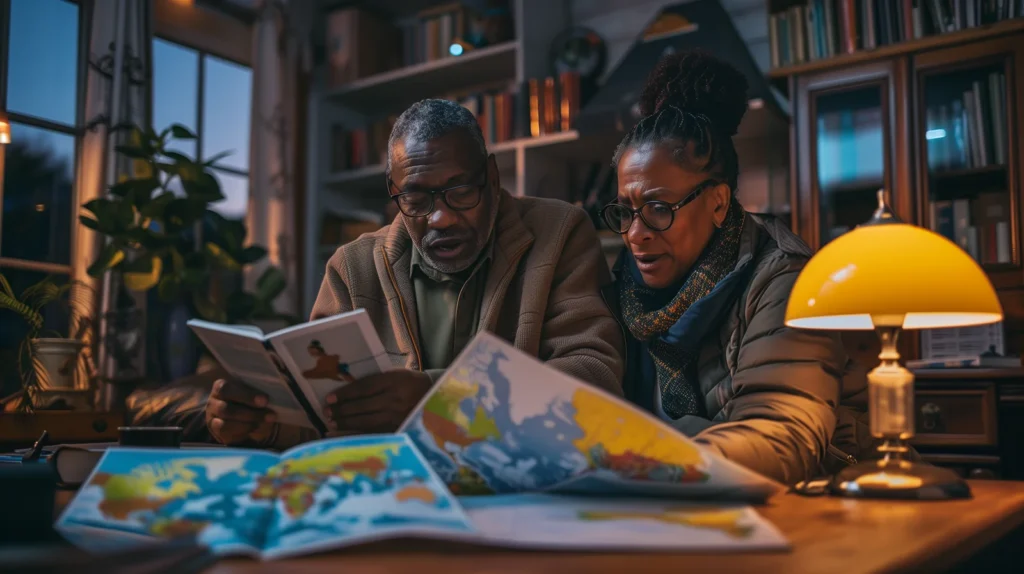 couple reading and looking at a map