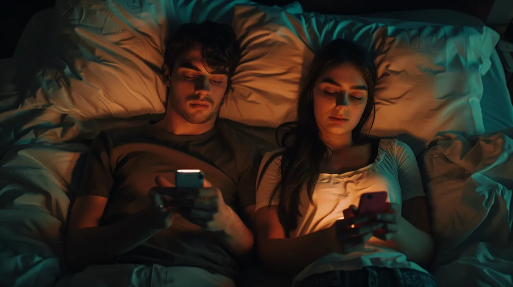 couple in bed looking at their phones