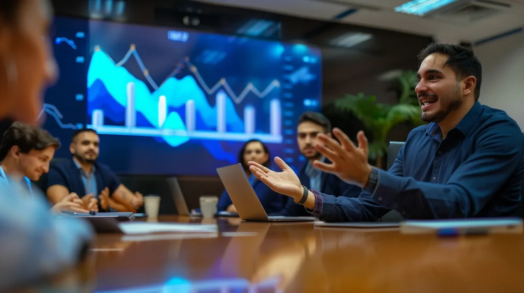 A man speaks in a meeting