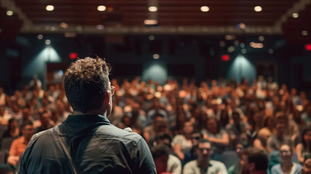 A man lectures to an audience