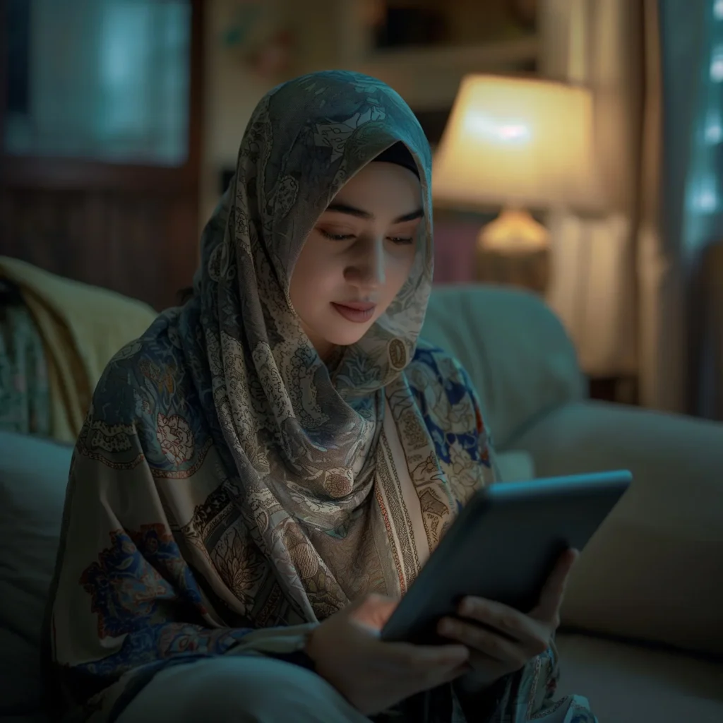 Young woman reading from a tablet